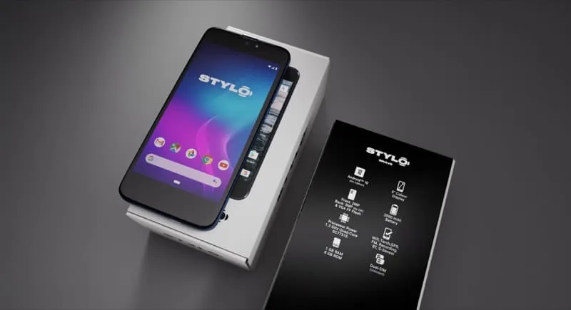 Stylo Brave smartphone packaging render with phone on box